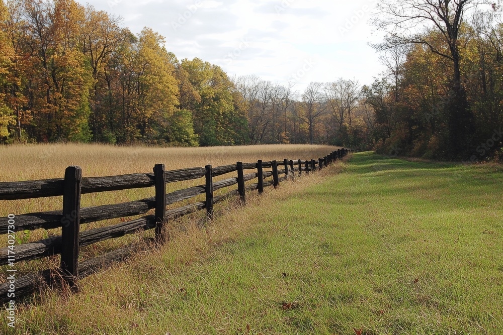 Fototapeta premium Country road with wooden fence and golden grass field