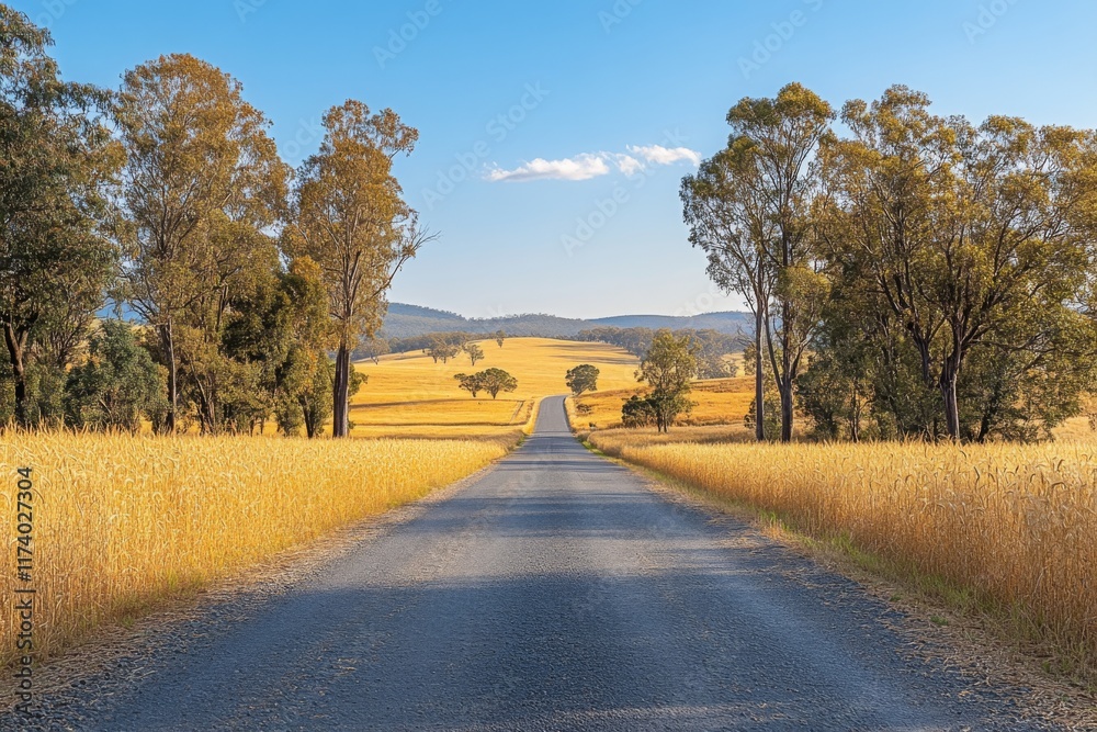 Straight country road lined with golden fields and blue sky Straight country road lined with golden fields and blue sky