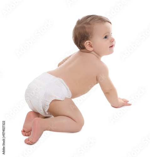 Cute little baby in diaper on white background