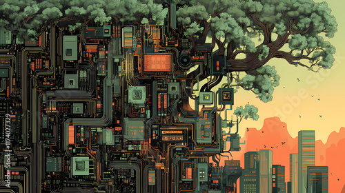 Magnified circuits, tiny connections, electronic pathways provide a glimpse into the complexity of technology. Glimpse. Illustration