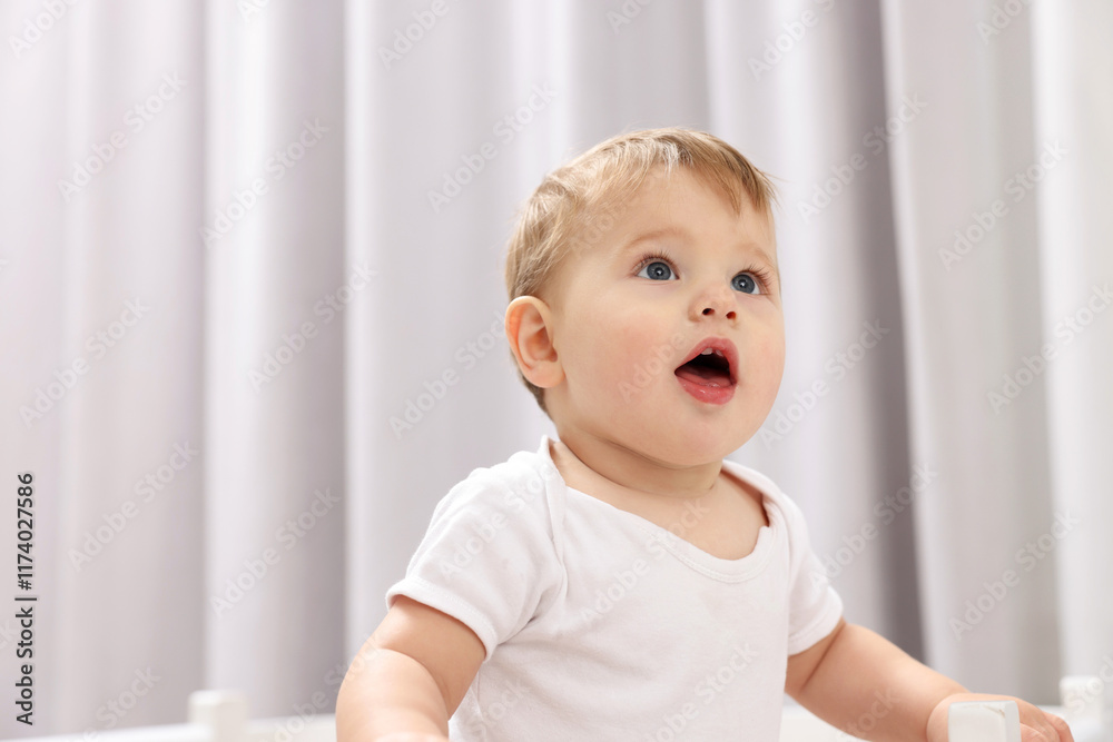 Portrait of sweet little baby at home. Space for text Portrait of sweet little baby at home. Space for text