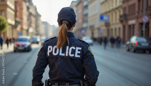 🔹Title
Female police officer on duty in an urban street setting during bright daylight for law enforcement concept, International Women's Day