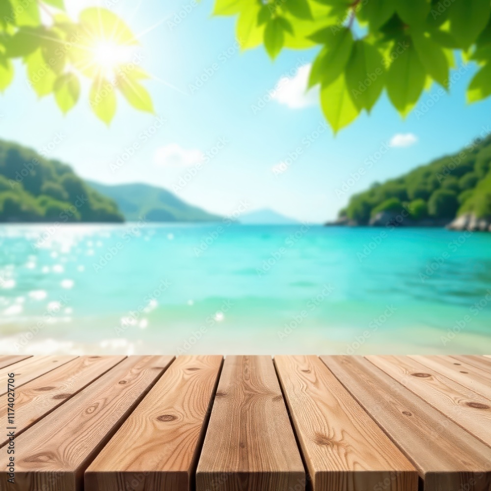 Fototapeta premium Wooden table top with blurred sea water and summer sky background, natural light pouring in, summer scene, outdoor decor