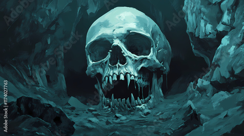 Menacing skull with large teeth and gaping maw, a glimpse into the dark macabre. chasm. illustration. Glimpse. Illustration