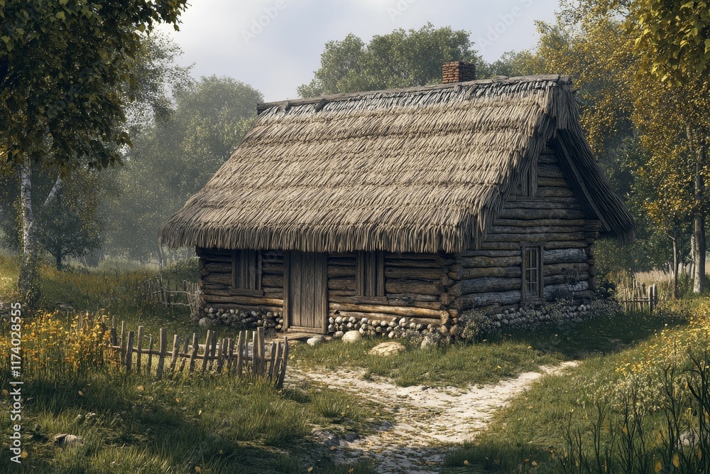 Rustic log cabin, thatched roof, woodland path. Rustic log cabin, thatched roof, woodland path.