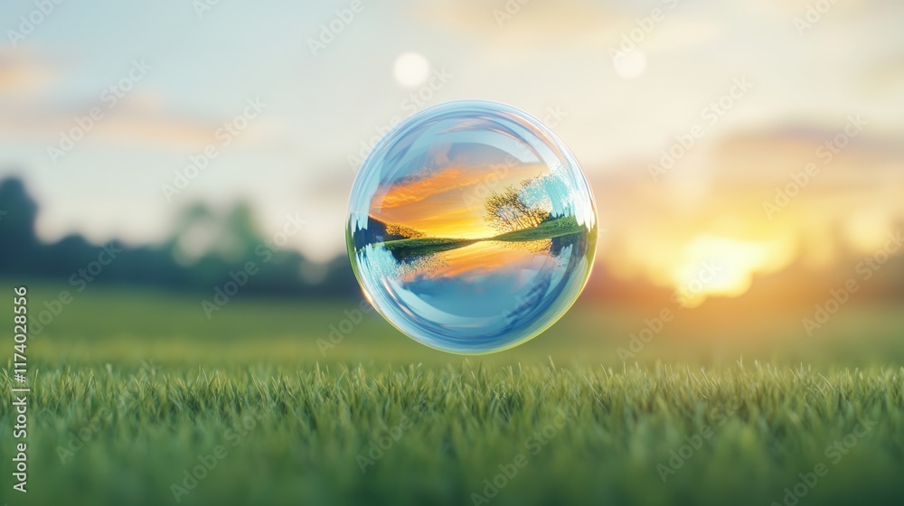 Soap bubble reflecting sunset colors floating above a meadow Soap bubble reflecting sunset colors floating above a meadow