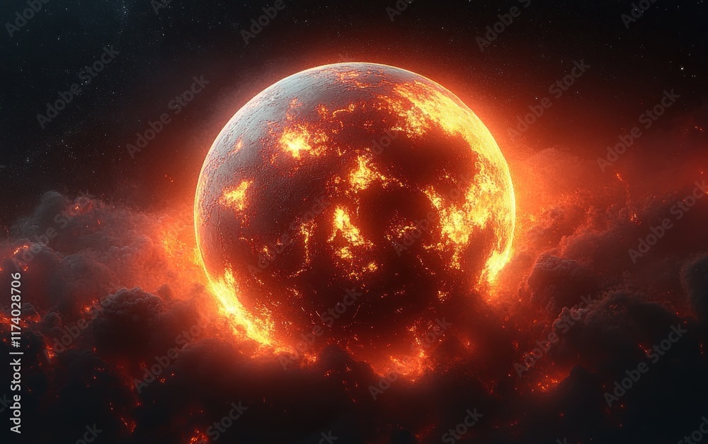 Obraz premium 3D Illustration of Earth Dying in Fire with Lava Flows in a Volcanic Cataclysmic Scene