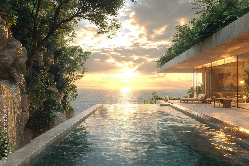 Fototapeta premium Luxury redefined. Oceanfront sunsets & tranquil waterfall views. Unwind in paradise.