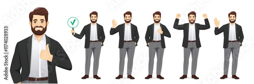 Set of handsome man wearing office casual clothes in different poses. Greeting, showing ok sign, thumbs up, exited, showing approve sign. Isolated vector illustration