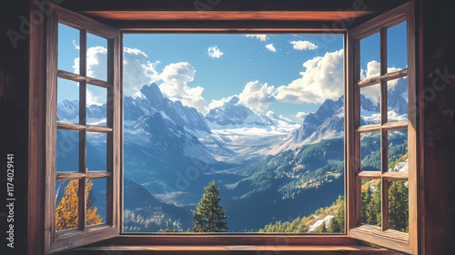 Open window revealing majestic mountain view. Glimpse. Illustration