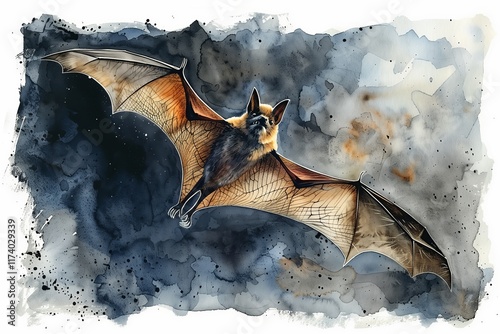 A detailed watercolor illustration of a bat soaring through a cloudy sky, showcasing its wings and vibrant colors. photo