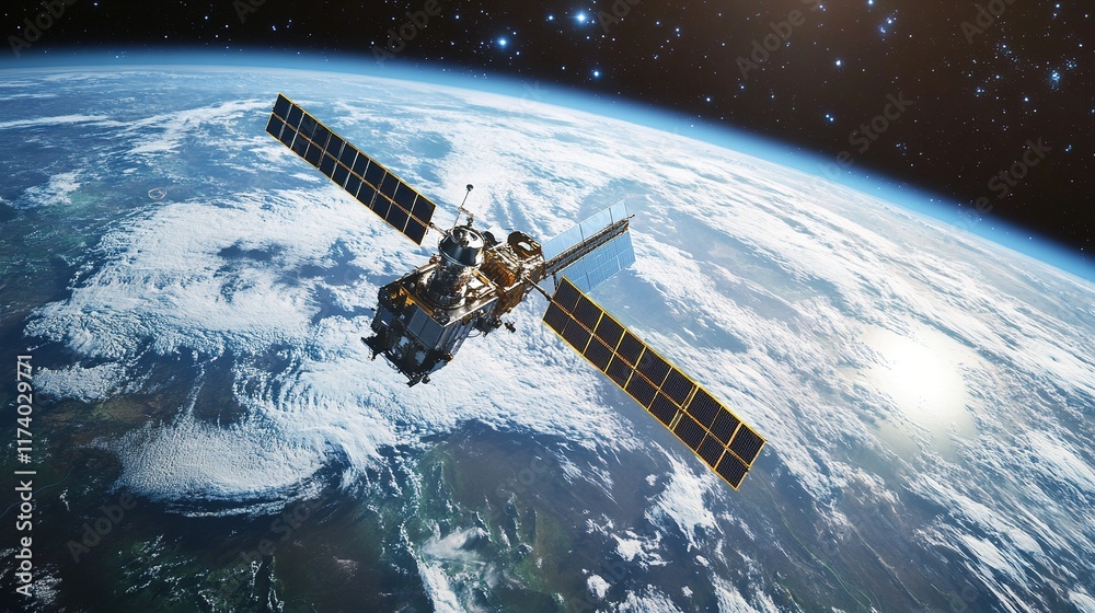 Fototapeta premium Satellite in space orbits the earth with visible solar panels and stars.