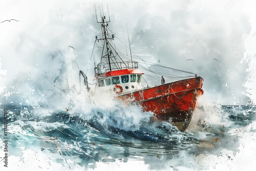 Naklejka premium A fishing boat battles turbulent waves, showcasing the power of nature in a dramatic maritime scene.