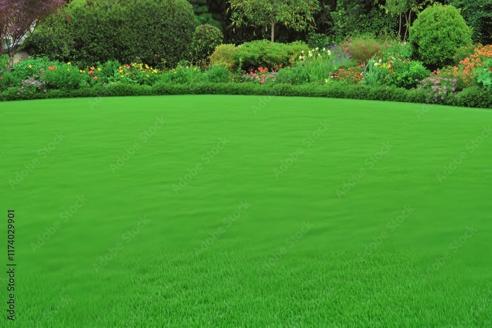 Obraz premium A carpet of fresh green grass, smoothly curved by bushes, is set against a backdrop of trees, in a meticulously landscaped garden under a cloudy sky and morning sunlight
