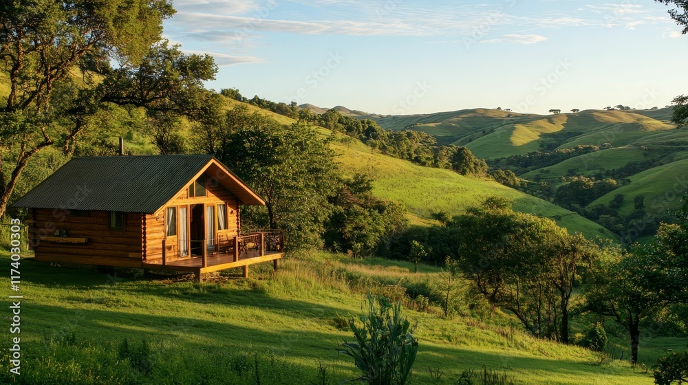 Obraz premium Wooden cabin, hillside, green valley, sunny landscape.