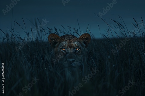 A lioness lurking in the tall grass during twilight, showcasing the beauty of nature's wild inhabitants.