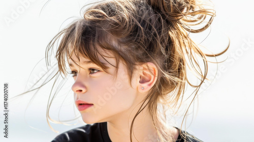 A girl sits in the sunlight, wearing a black shirt, with her knees raised, radiating warmth and calmness.