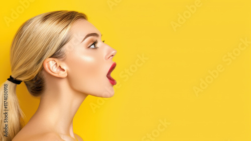 Vibrant portrait of a surprised woman with wideopen mouth, expressing pure joy and excitement against a bright yellow backdrop. photo