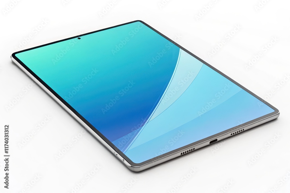 Modern tablet with minimalist design and blue screen on white background Modern tablet with minimalist design and blue screen on white background