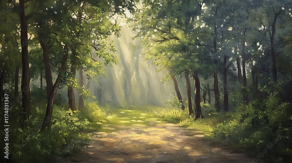 Obraz premium A serene forest path illuminated by soft sunlight filtering through trees.