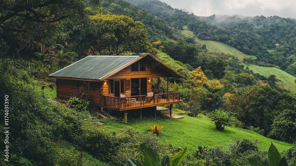 Wooden cabin, verdant hillside, lush tropical foliage.