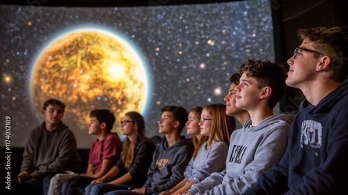 Group of Students Watching Solar Projection in Planetarium