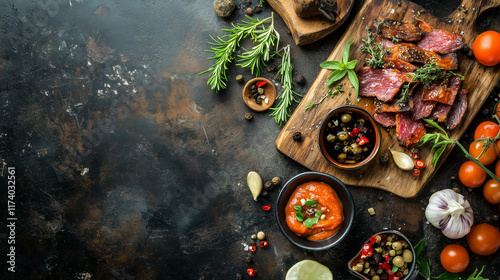 Delicious meat platter with sauces and vegetables on dark background
