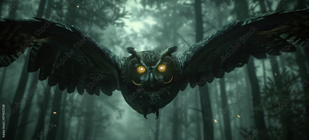 Fototapeta premium A majestic owl glides through a mystical forest, its glowing eyes piercing the serene darkness of the woods.
