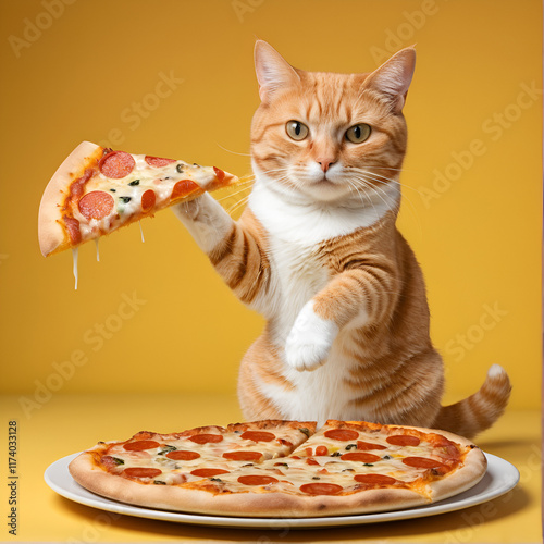 Funny red cat playing pizzicato with pizza slice photo