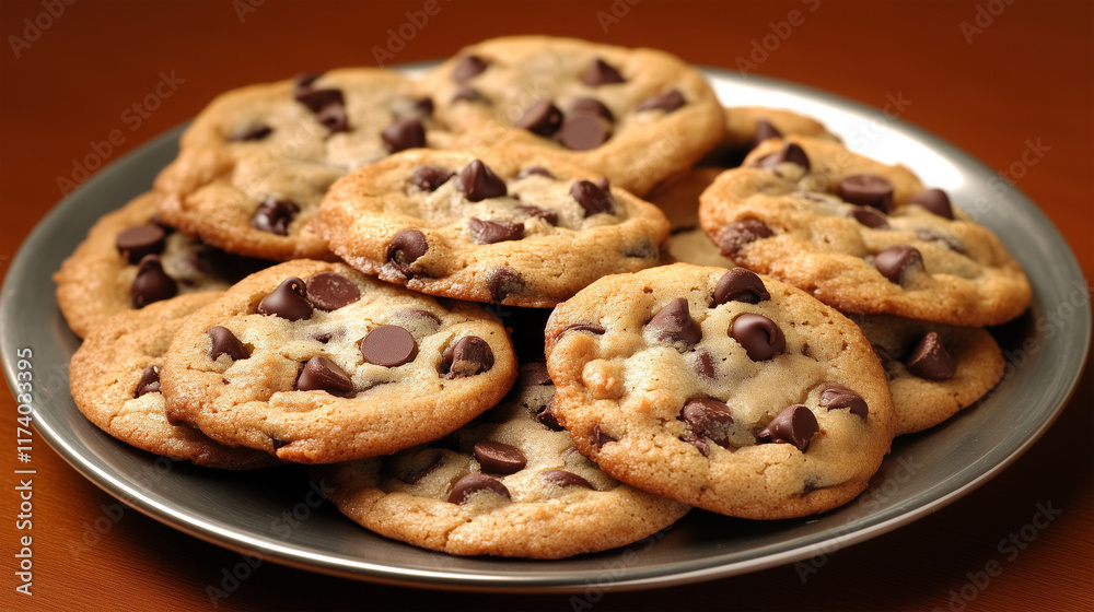 close up of chocolate chip cookies on plate close up of chocolate chip cookies on plate