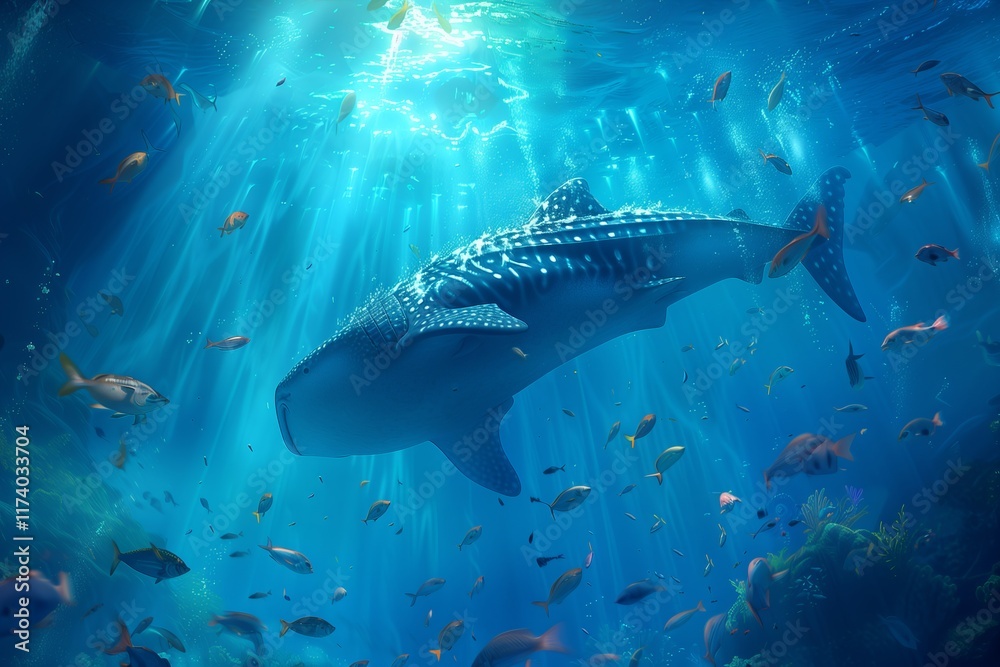 Fototapeta premium A majestic whale shark glides through blue waters surrounded by colorful fish, showcasing the beauty of marine life.
