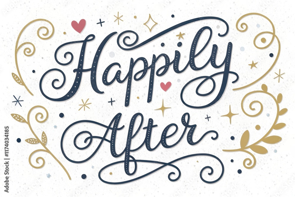 Happily ever after calligraphy with whimsical floral and heart elements Happily ever after calligraphy with whimsical floral and heart elements