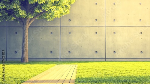 An empty exterior concrete wall depicted in 3D with a tropical style garden setting, including a tropical style tree and sunlight hitting the wall photo