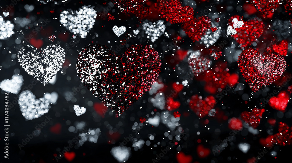 Red and white glittering hearts, dark background.