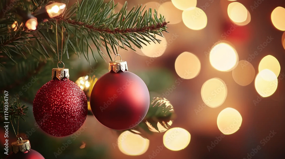 Fototapeta premium Red Christmas ornaments hang on a tree branch, illuminated by warm bokeh lights.