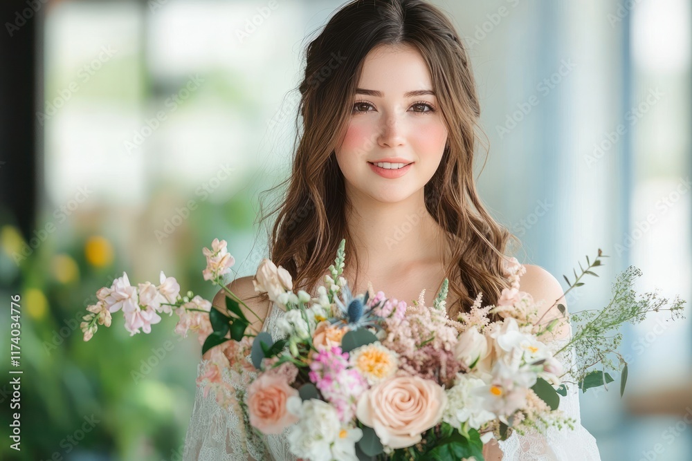 Young Businesswoman Receiving a Floral Bouquet in a Bright Indoor Setting Young Businesswoman Receiving a Floral Bouquet in a Bright Indoor Setting