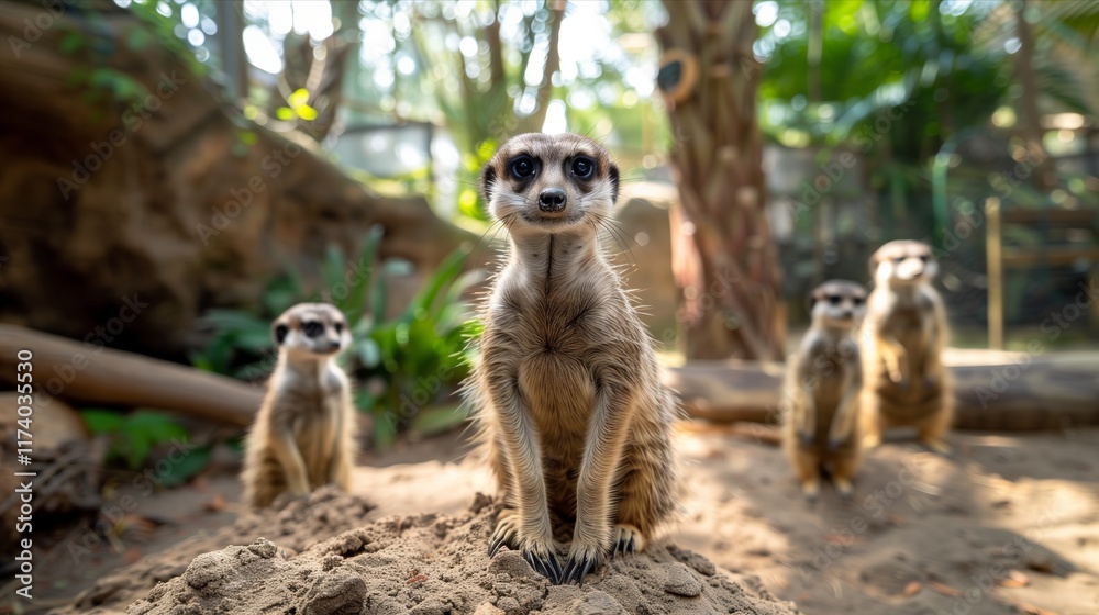 Fototapeta premium A playful meerkat standing alert with others in the background, showcasing their inquisitive nature in a natural habitat.