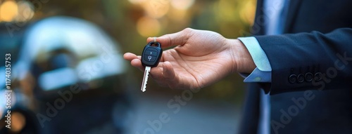 Businessman Handing Over Car Keys to Client in Auto Dealership for Rental and Purchase Services