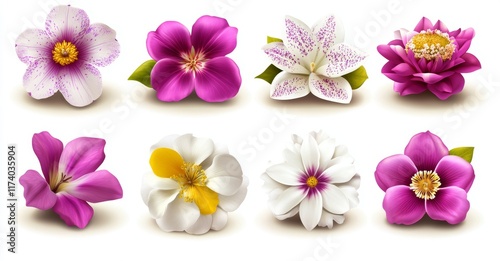 A modern design featuring a collection of vibrant spring flowers, including daffodils, sunflowers, crocuses, daisies, peonies, and chrysanthemums, presented as fresh and blooming elements against a