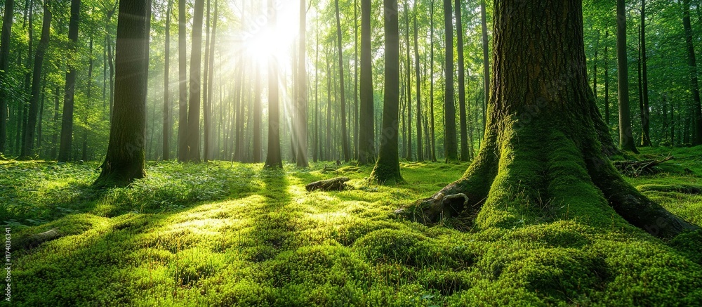 Obraz premium Sun rays through trees in a mossy forest floor.