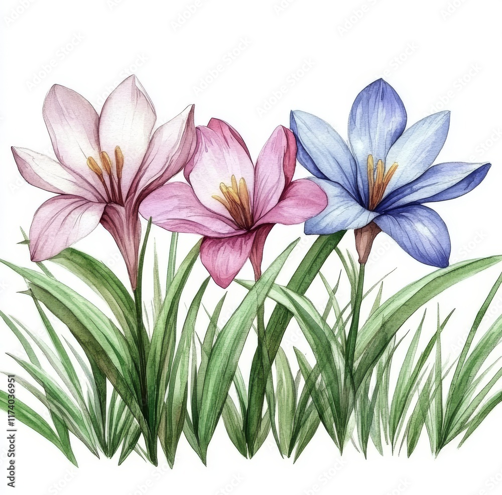 Fototapeta premium Spring flowers are showcased on a white background with hues of yellow and orange daffodils, geocinths, muscari, and onion flowers, portrayed in a watercolor style.