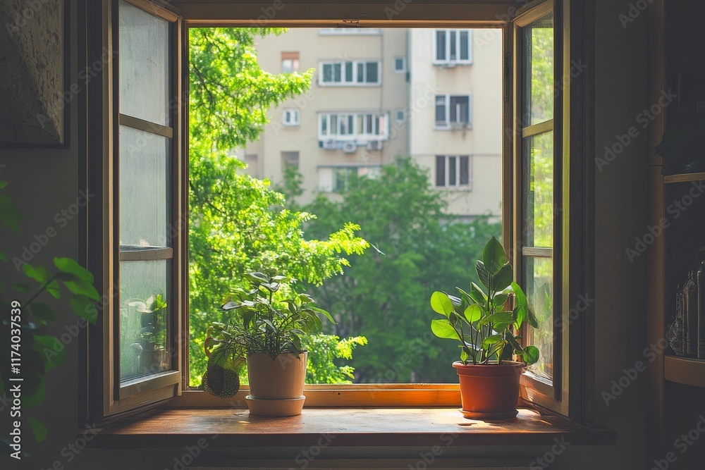Fototapeta premium Sunlit window, potted plants, leafy green view.