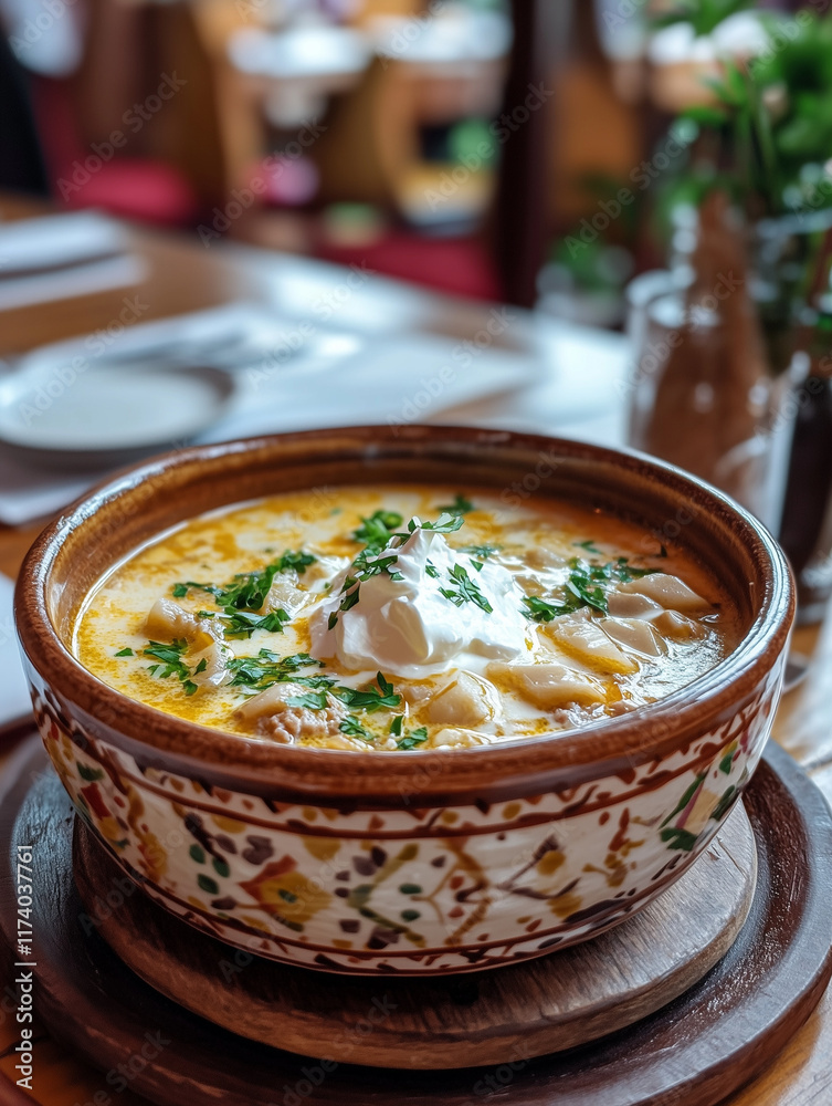 Bowl of creamy soup with herbs and sour cream on wooden table Bowl of creamy soup with herbs and sour cream on wooden table