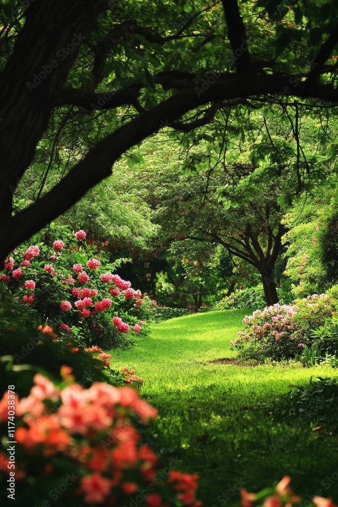 Lush green garden path, vibrant pink blooms. Lush green garden path, vibrant pink blooms.