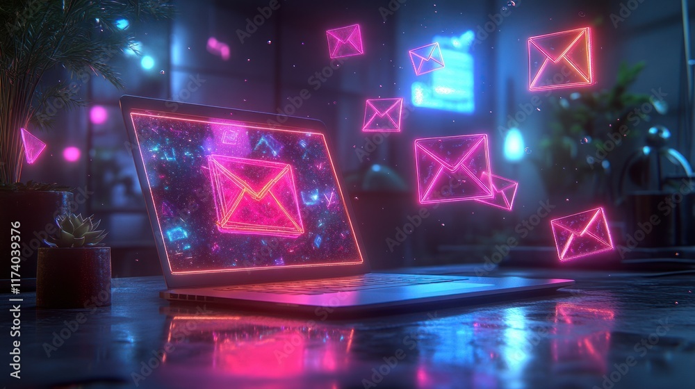 Digital Illustration of Laptop with Colorful Emails Floating for Email Marketing Concept Digital Illustration of Laptop with Colorful Emails Floating for Email Marketing Concept