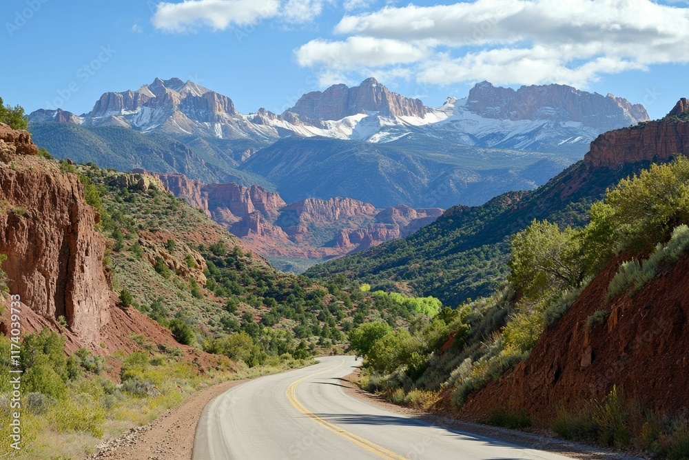 Fototapeta premium Mountain road winds through canyon, snow-capped peaks.
