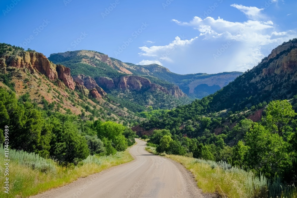 Gravel road winds through green valley, colorful cliffs. Gravel road winds through green valley, colorful cliffs.