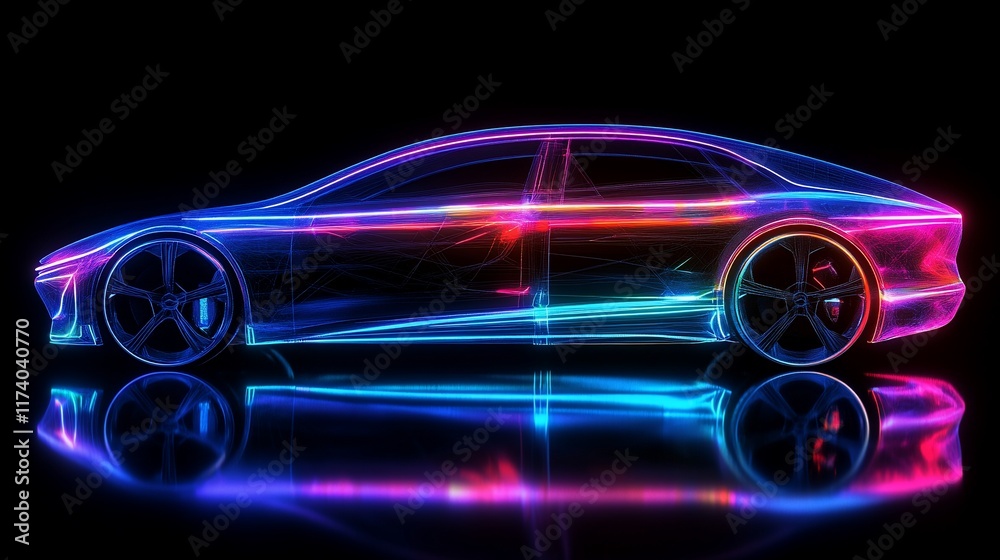 Naklejka premium Neon electric car concept, side profile, dark background, glowing lines.