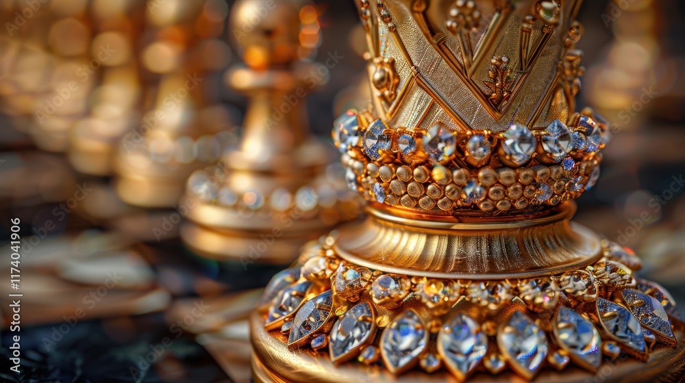 A close-up of an ornate chess piece showcasing intricate designs and gems. A close-up of an ornate chess piece showcasing intricate designs and gems.