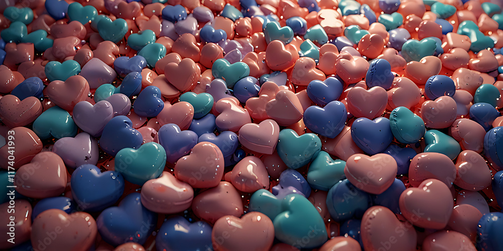 Obraz premium A close up view of a bunch of pastel pink, blue and purple hearts. Perfect for Valentine's Day, 3D Background 